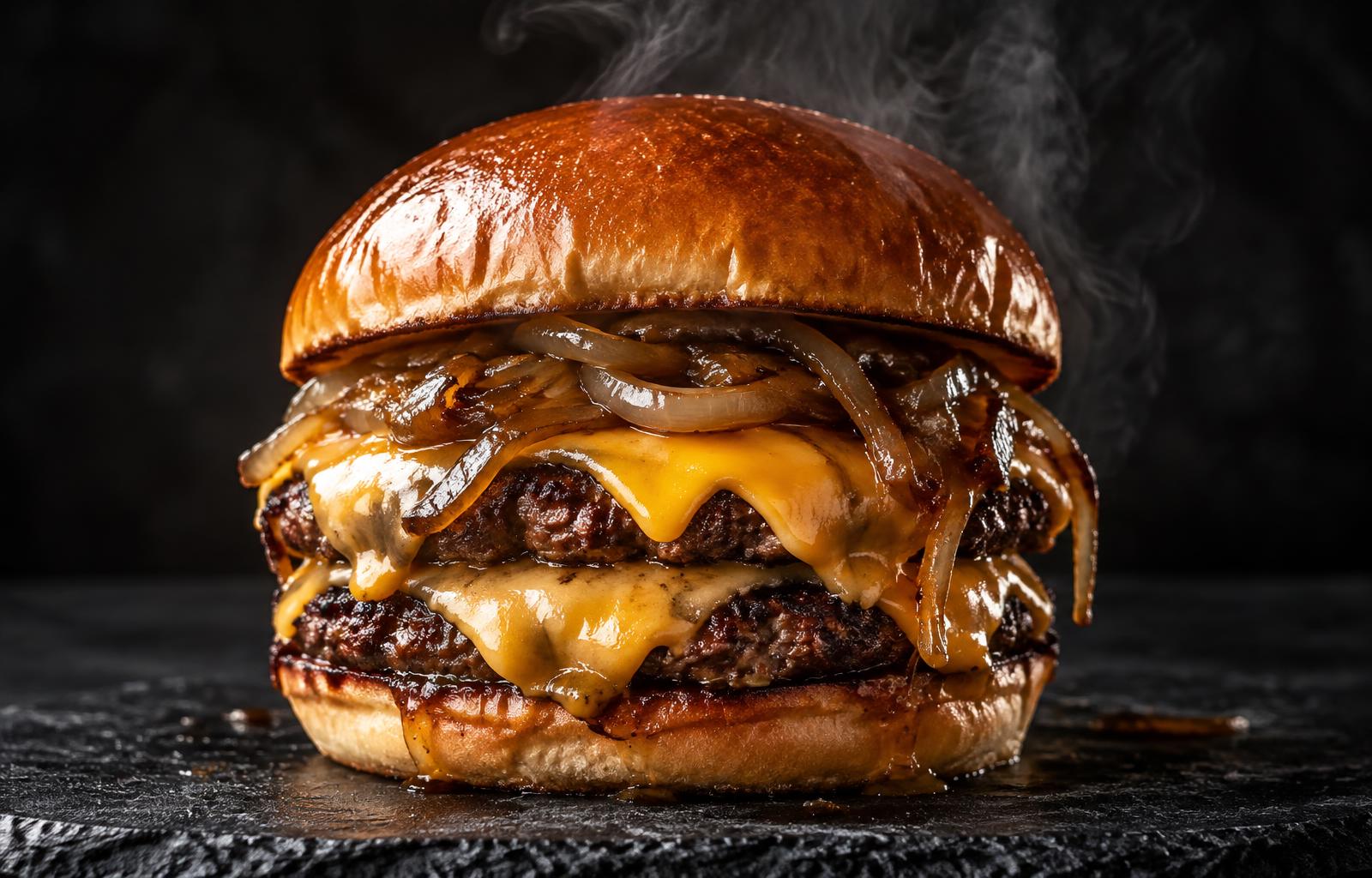 Double smash burger with melted cheddar and caramelized onions